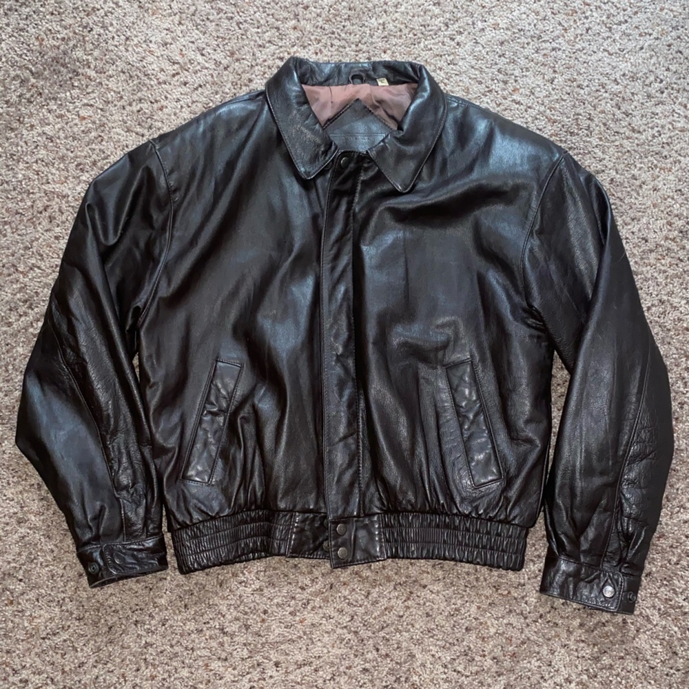 Roundtree Yorke Mens Bomber Leather Jacket Zipup - Brown - Sz L